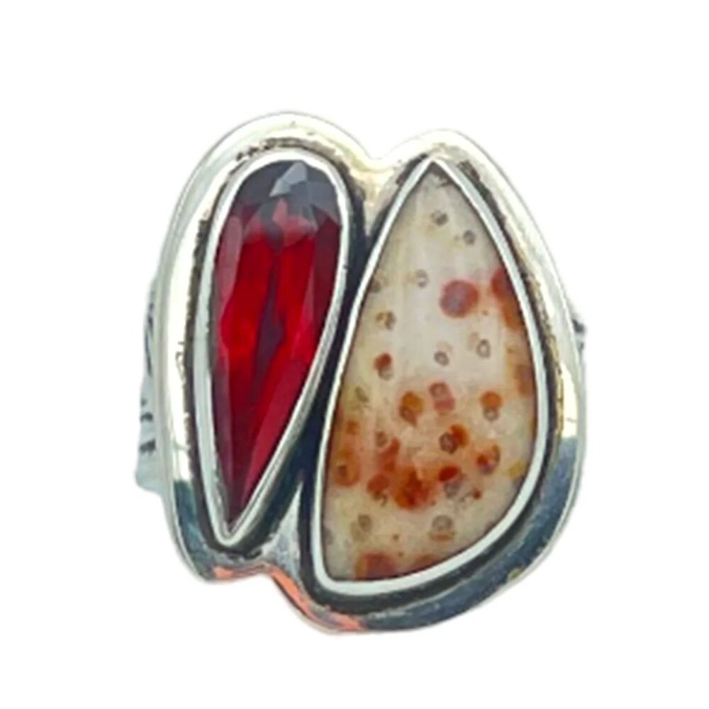 Tabra Jewelry 925 Sterling Silver Petrified Palm Wood & Indian Garnet Ring Size